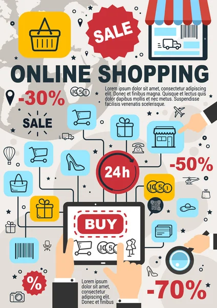 Compras on-line e venda de loja web vetor cartaz — Vetor de Stock