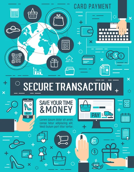 Cartaz vetorial de transação de dinheiro online seguro — Vetor de Stock