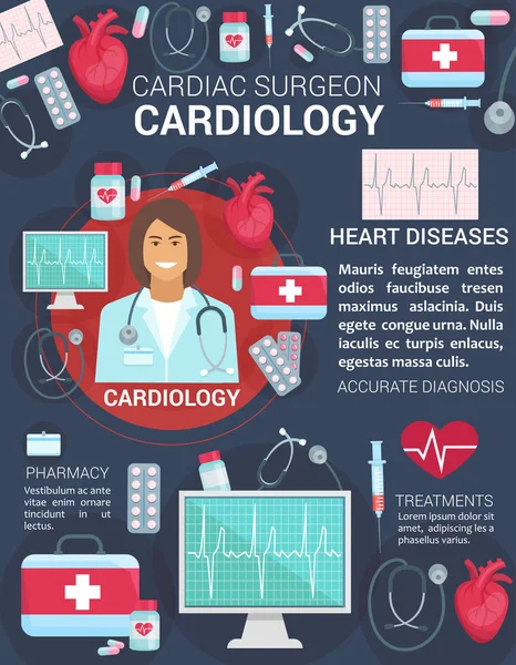 Cardiología salud del corazón medicina médico cartel — Vector de stock