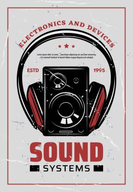 Music headphones and Hi-Fi systems retro poster clipart