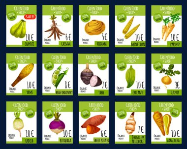 Egzotik sebze çiftlik piyasa fiyatı kartları vektör