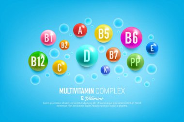 Vitamini sağlıklı gıda ve beslenme için karmaşık poster. Eczane ilan veya vitamin paket tasarımı için diyet ek 12 multivitaminler kapsül ve mineral hapları vektör