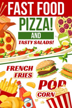 Fast food pizza, patlamış mısır ve patates kızartması atıştırmalıklar menüsü