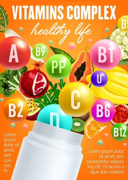 Vitaminer i frukt och grönsaker — Stock vektor