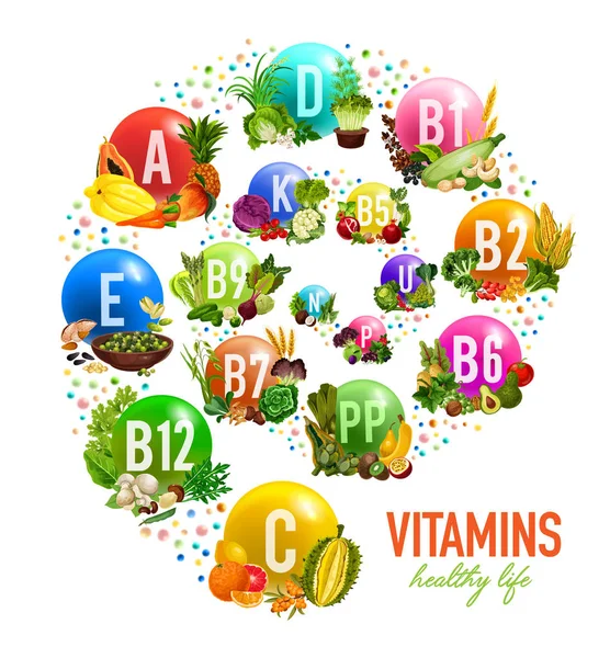 Gyümölcsök, dió- és növényi vitaminok, vektor — Stock Vector