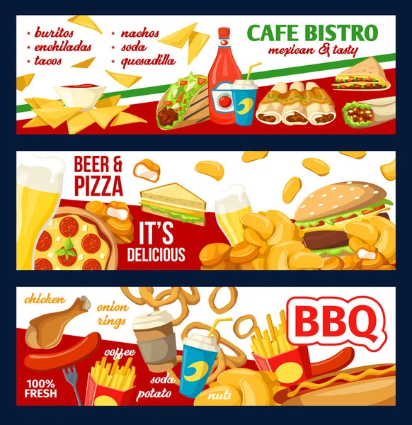 Café de comida rápida menú bistró y pancartas de pizza — Vector de stock