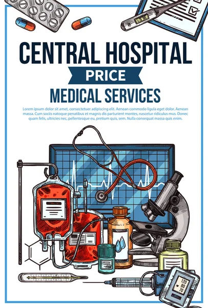 Liste des prix des services hospitaliers croquis vectoriel — Image vectorielle
