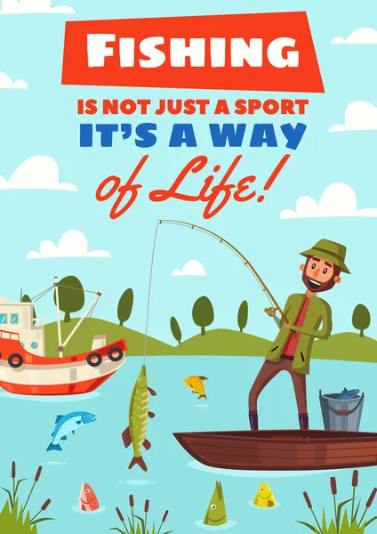 Hobby sport wektor kreskówka plakat rybackie — Wektor stockowy