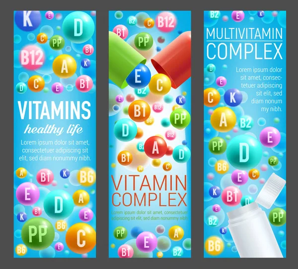Vitamine complex en multivitamine pillen banners — Stockvector