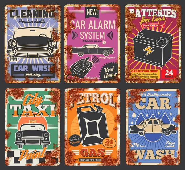 Service de voiture et affiches de lavage automatique avec rouille — Image vectorielle