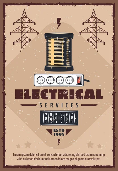 Enchufe de servicio eléctrico y póster retro de carrete — Vector de stock