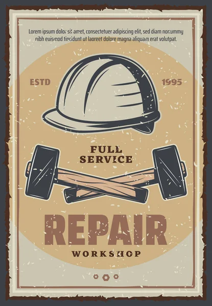 Młot i kask plakaty warsztatowe narzędzia naprawy — Wektor stockowy