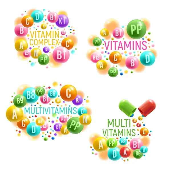 Multivitamin komplex vitamin tabletták — Stock Vector