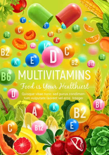 Multivitamin és ásványi anyagok a zöldségek, gyümölcsök — Stock Vector