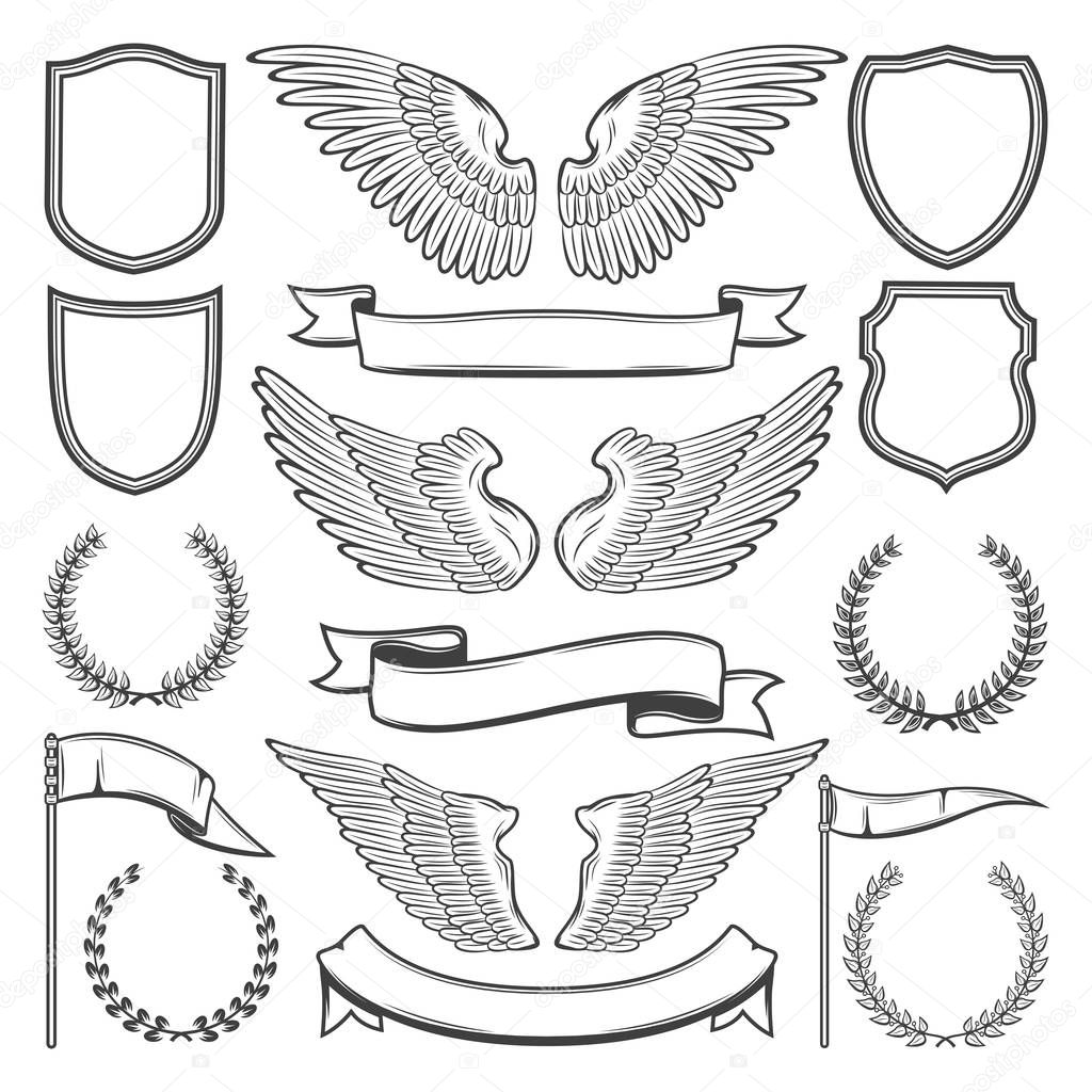 Heraldic wings, shields and ribbons, vector