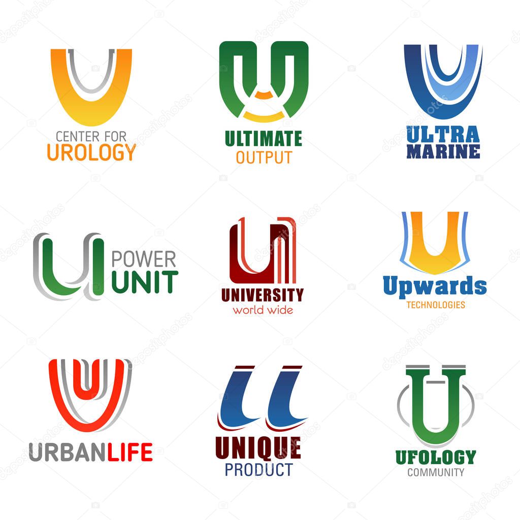 Letter U icons for design in urology medicine, energy and power industry or university education and ufology science. Vector letter U symbols for business, technology or sport and clinic