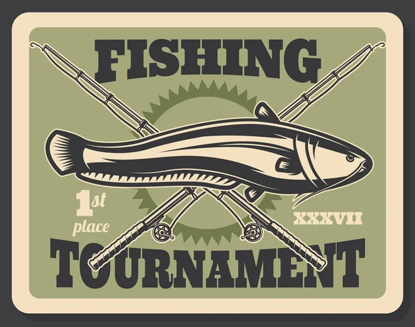 Torneio de pesca peixe e varas vector poster — Vetor de Stock