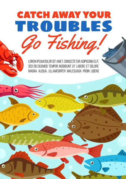Deniz ürünleri ve balık ile balık yakalamak vektör poster — Stok Vektör
