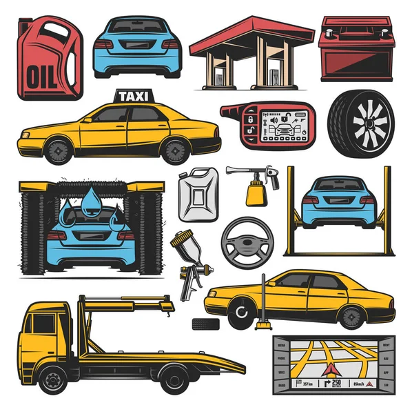 Ícones de vetor de estação de serviço e reparo de carro — Vetor de Stock