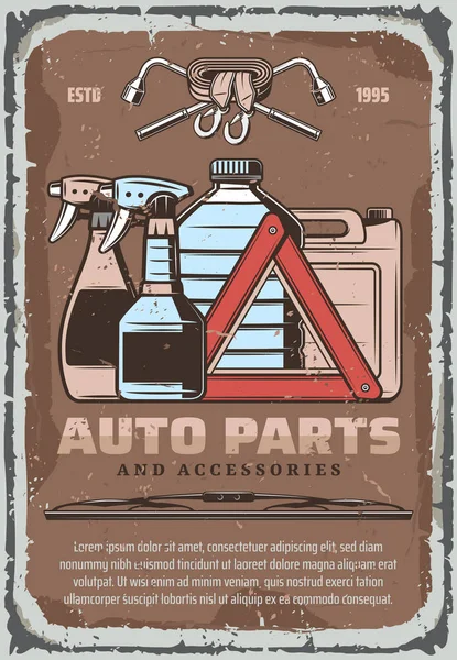 Car fluids and auto part accessories shop poster Stock Vector by