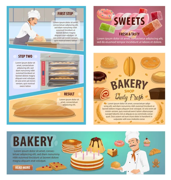 Pékség és cukrászda sütés folyamat plakátok — Stock Vector