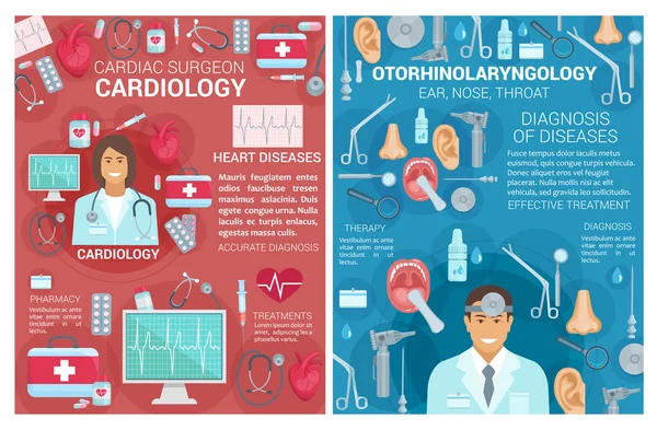 Plakate der Kliniken Kardiologie, HNO-Medizin — Stockvektor