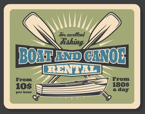 Fishing boat and canoe rental vector retro poster — Stock Vector