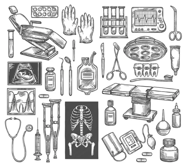 Medical therapy surgery vector sketch equipment — Stock Vector