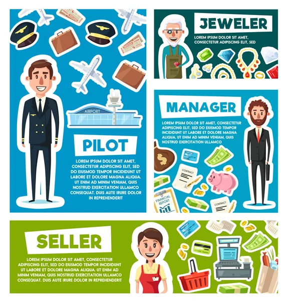 Pilot, seller or manager and jeweler profession — Stock Vector