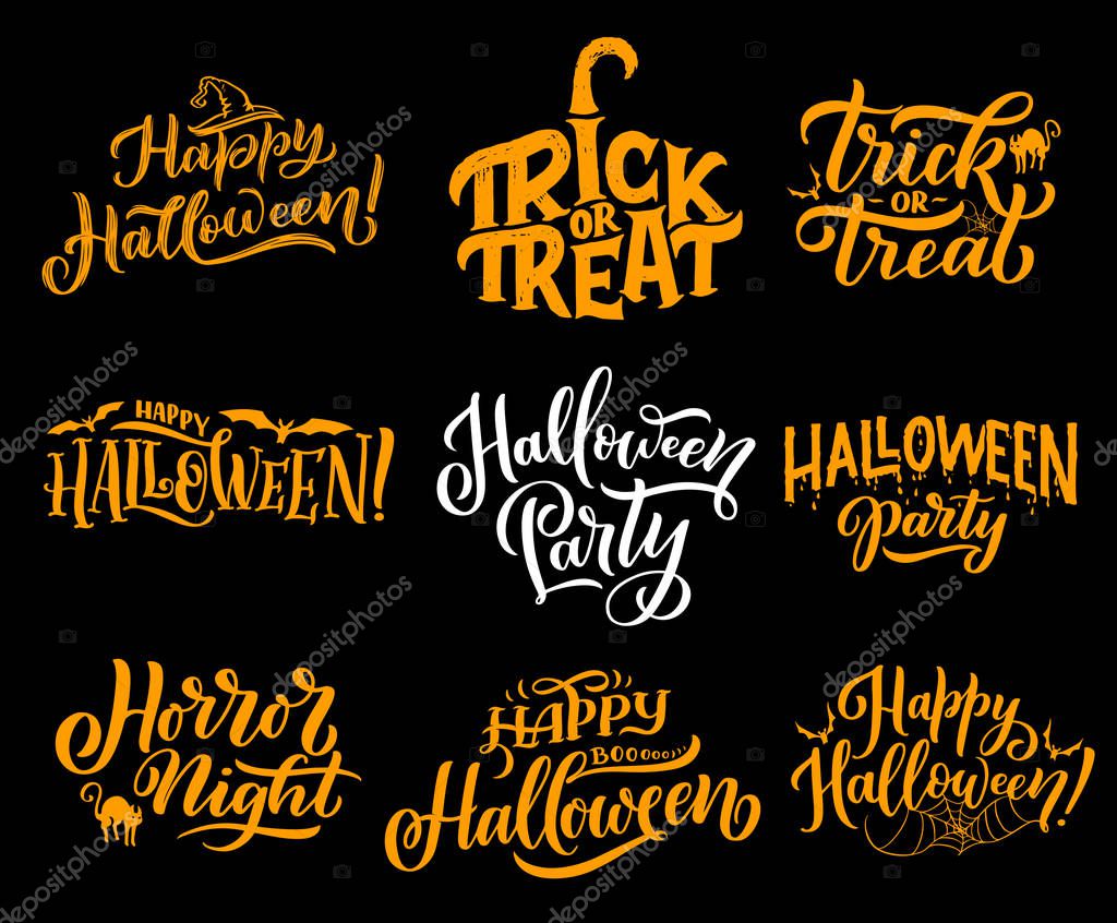 Happy Halloween lettering calligraphy for greeting cards design. Vector Halloween trick and treat party or horror night celebration of pumpkin in witch hat, cat or bat and spider in web