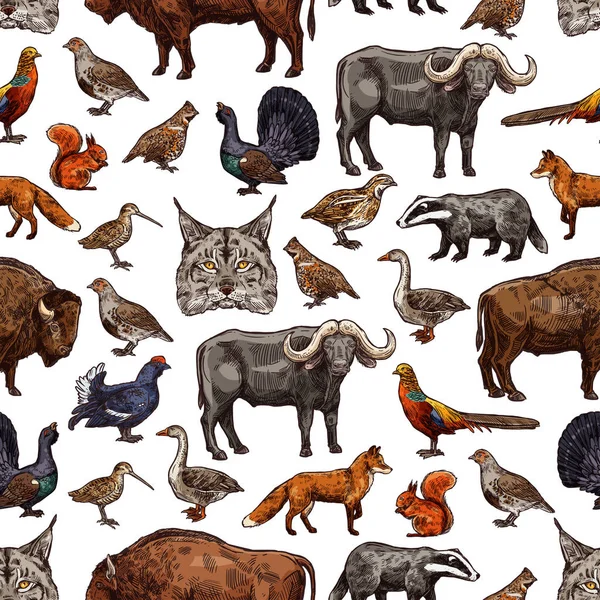 野生動物スケッチのシームレスなパターン背景 — ストックベクタ