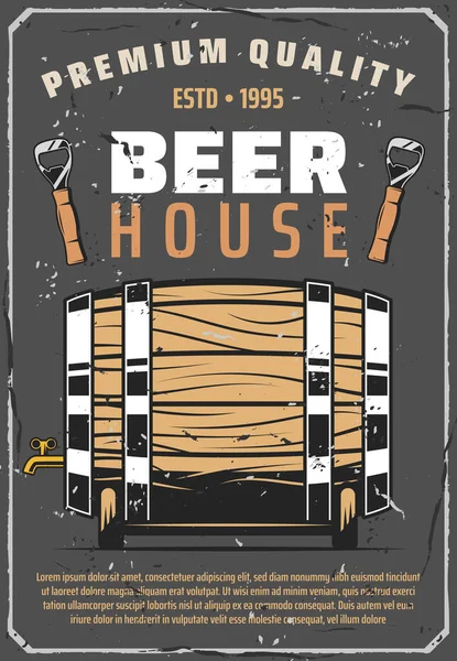 Cartel de la casa cervecera con barril de madera — Vector de stock