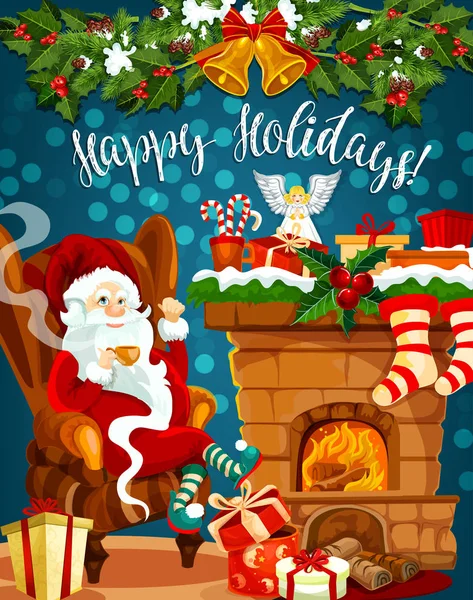 Santa, lareira de Natal com cartão de saudação do presente —  Vetores de Stock