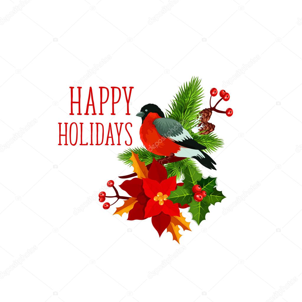 Happy Holidays greeting icon of bullfinch bird on Christmas wreath of poinsettia and holly. Vector isolated symbol of New Year winter season celebration for greeting card design template