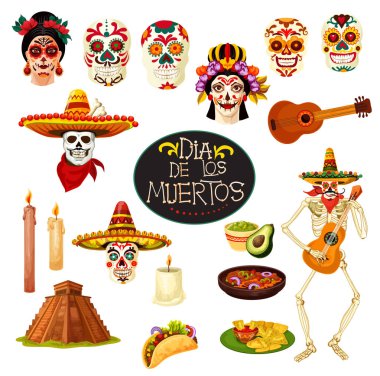 Dia de los Muertos sembolleri. Vektör tebrik kartı