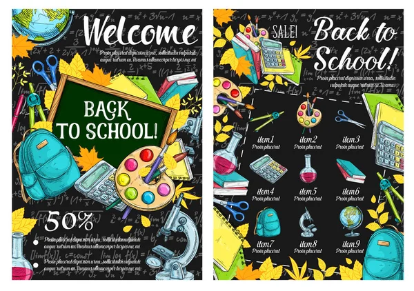 Back to School vector lesson sale sketch posters — Stock Vector