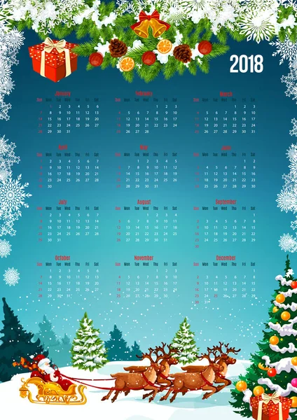 2018 nyår kalender med julgran, gåva — Stock vektor