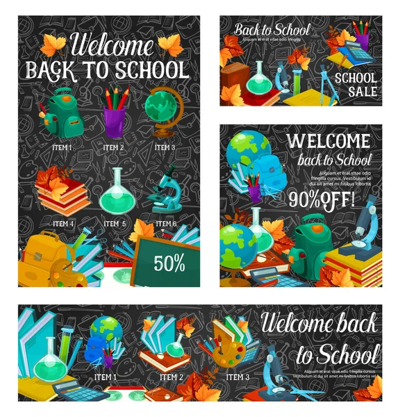 Back to school supplies discount offer sale banner — Stock Vector