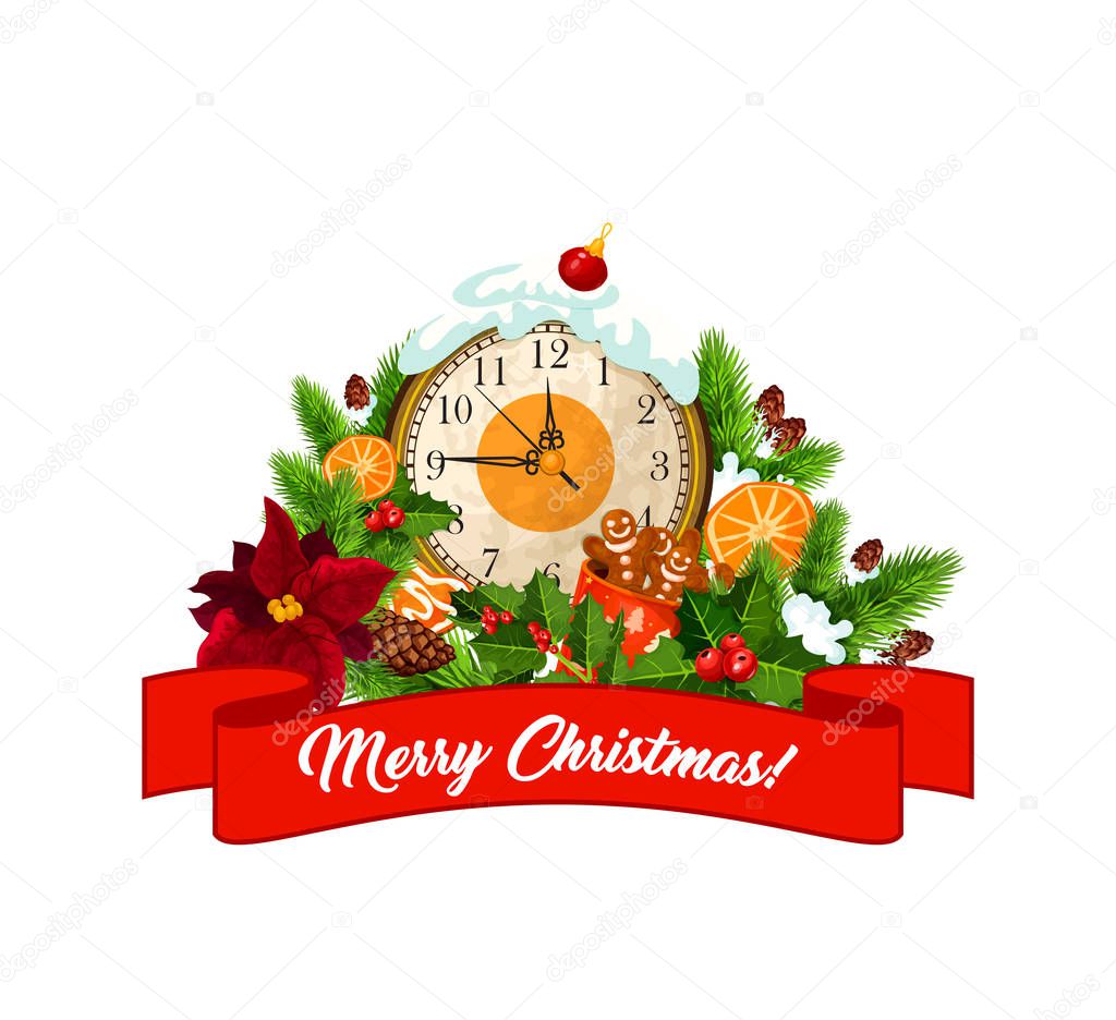 Merry Christmas eve clock and Xmas tree decorations with happy holiday wish on red ribbon. Vector isolated icon of holly or poinsettia wreath, gingerbread cookie and orange in snow for greeting card
