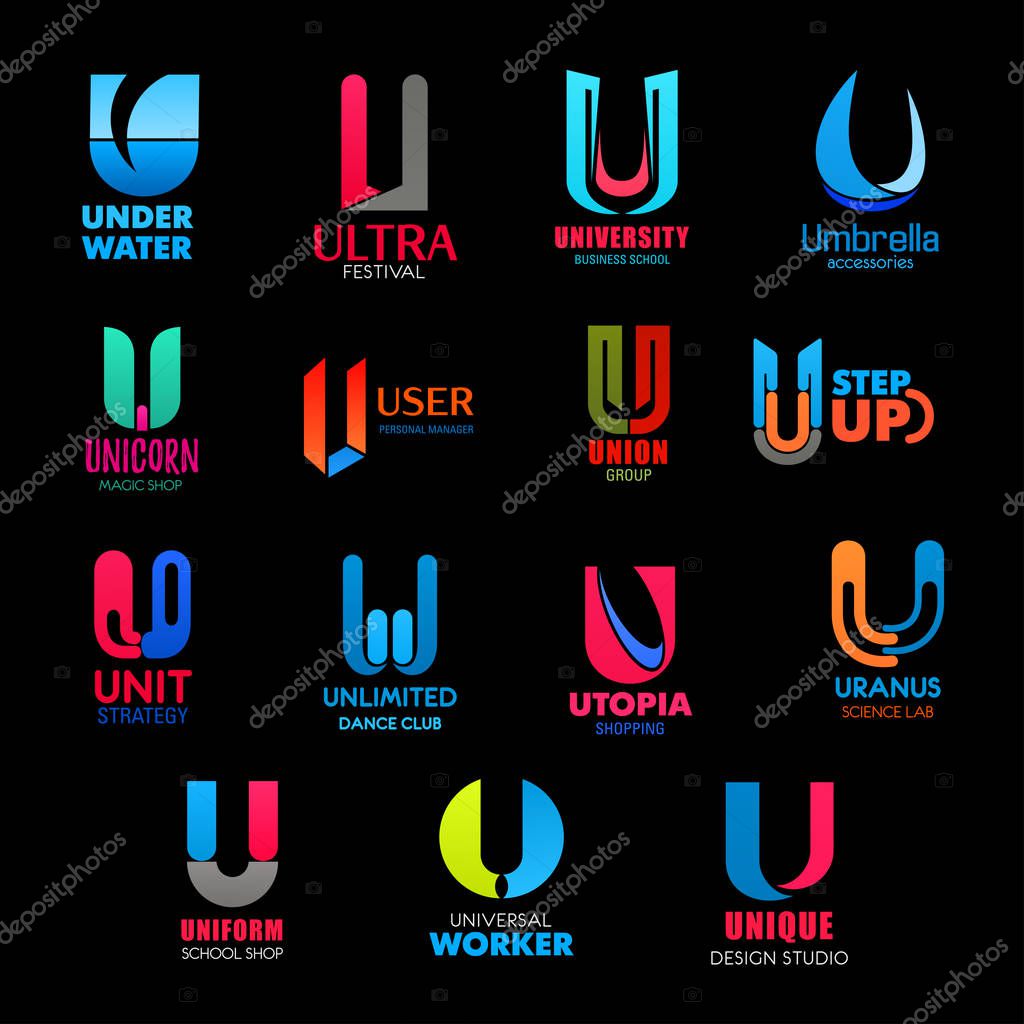 Letters U for festival, union group or design studio and university education. Vector U icons for school uniform shop, science laboratory and dance club or marketing and management company