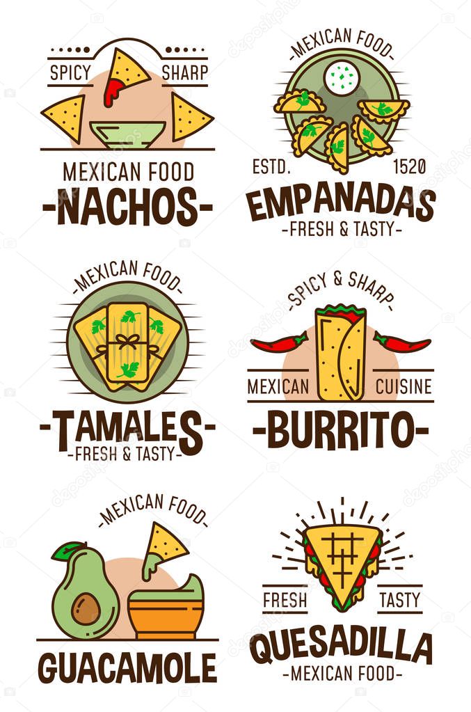 Mexican food restaurant or cafe symbols. Cuisine from Mexico, nachos and empanadas, tamales and burrito, guacamole and quesadilla icons with chili pepper and meat or vegetables vector isolated