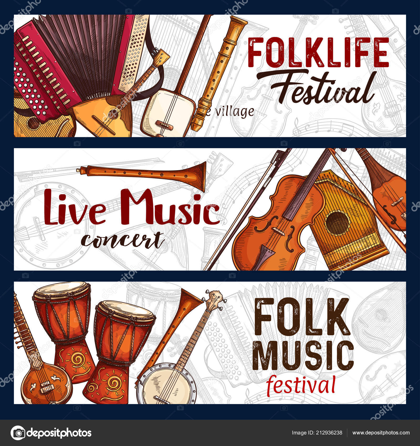 Folk music festival. Musical instruments sketch Stock Vector by