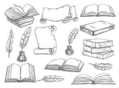 Retro books and literature quills vector sketch clipart
