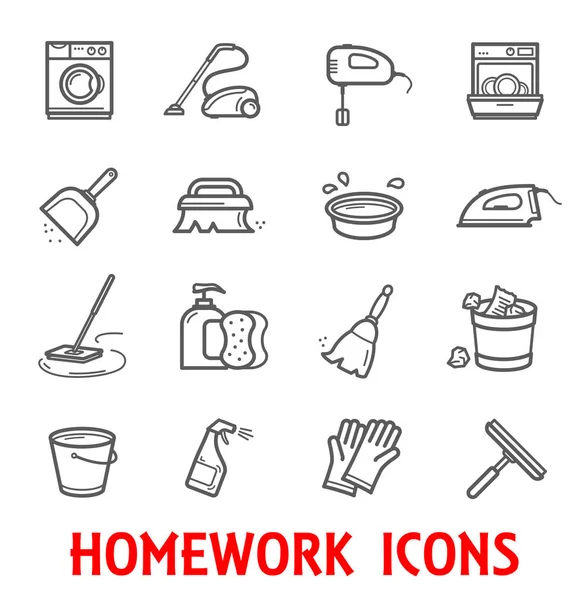 Huiswerk en huishouden dunne lijn vector iconen — Stockvector