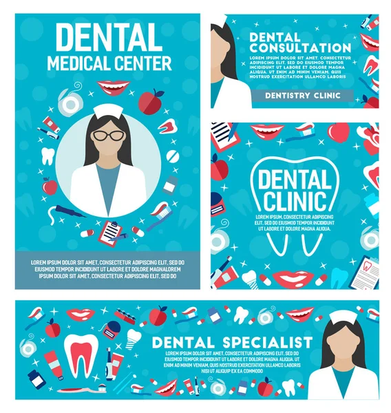 Fogászati klinika és a fogászat orvos vektor plakátok — Stock Vector