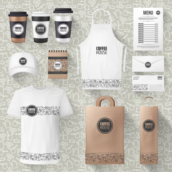 Vector cafe merchandise or coffee items mockups — Stock Vector