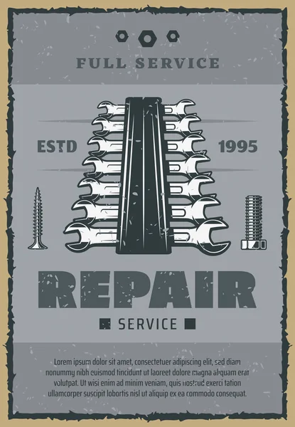Reparatie service moersleutel tools vector retro affiche — Stockvector