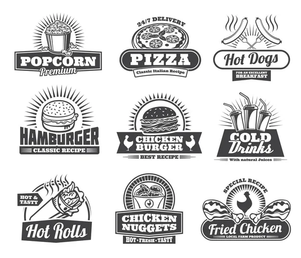 Fast food refeições, pizza e lanches ícones retro — Vetor de Stock