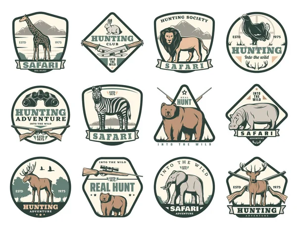 Iconos del club de caza con animales y rifles de cazador — Vector de stock