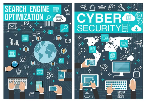 Online-Cyber-Sicherheit und SEO-Vektor-Poster — Stockvektor